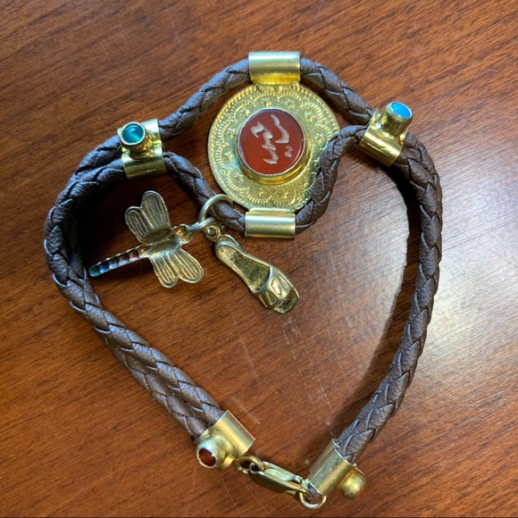 Brown rope & gold tone real silver bracelet with semi-precious stones dragonfly - Picture 9 of 11